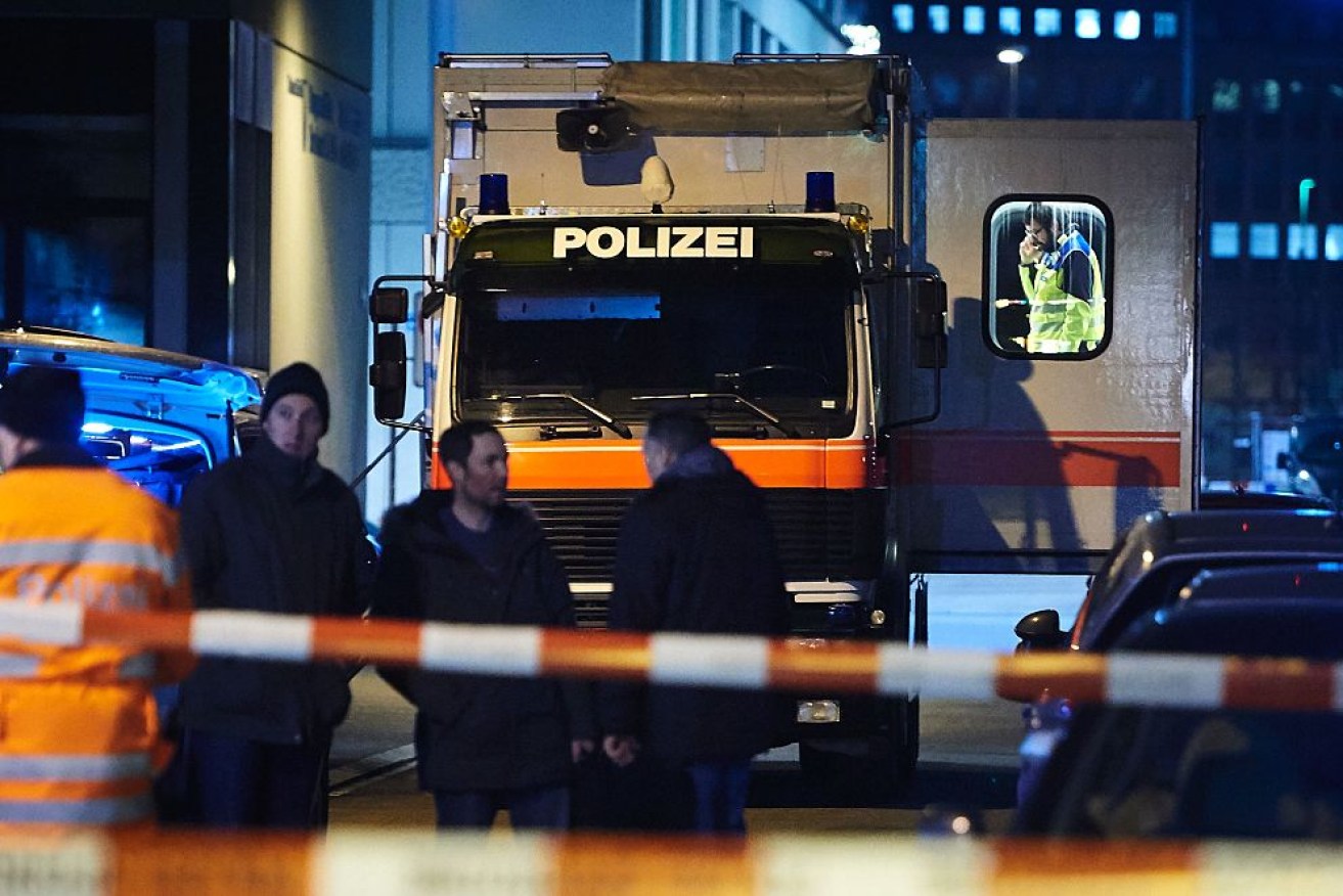 A police car parked outside a Muslim prayer hall, central Zurich. 