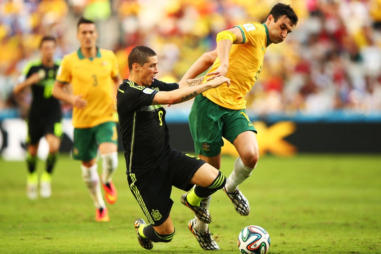 Mile Jedinak competes with Fernando Torres at the 2014 World Cup.