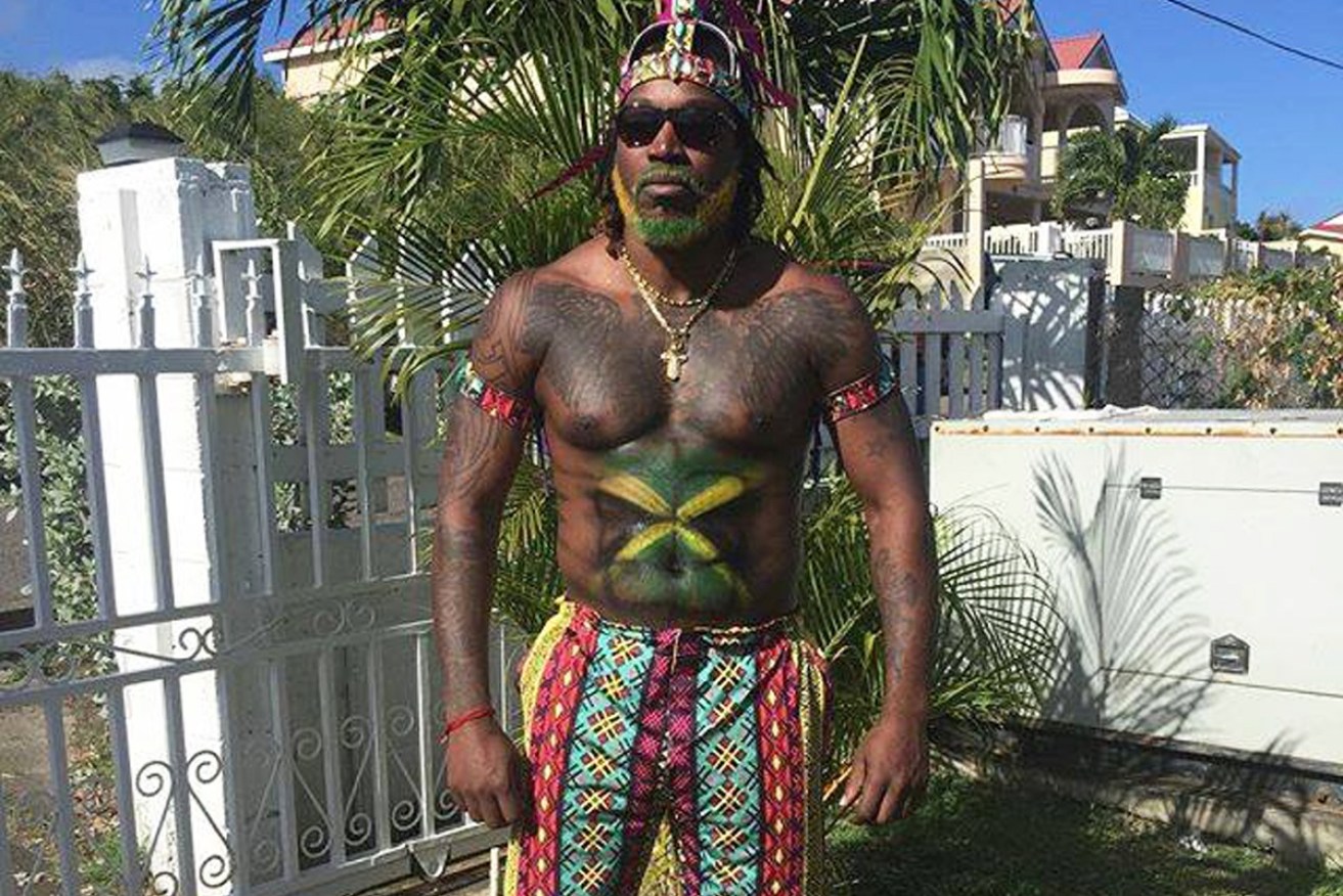 The West Indian cricket star shows off his outfit for the ULTRA Carnival in St Kitts.