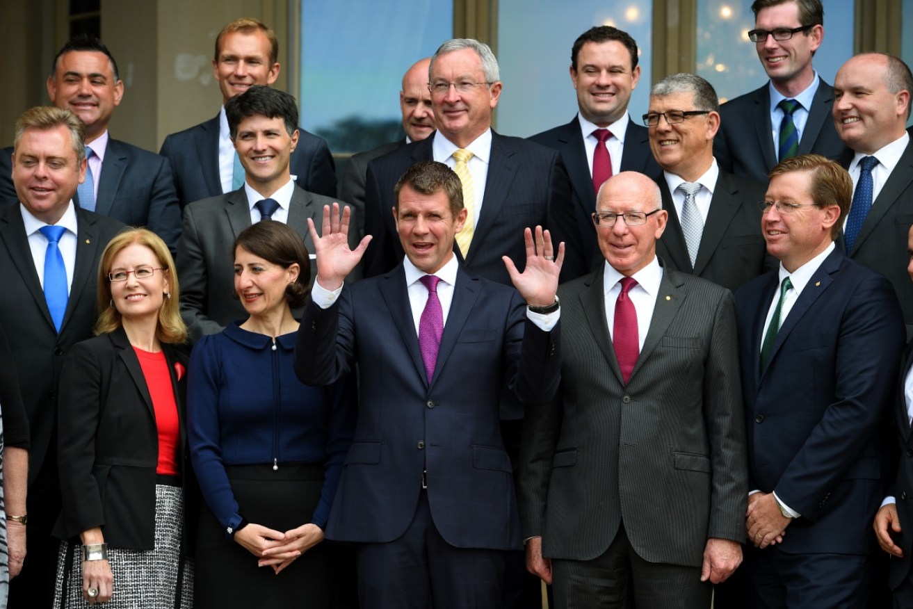 NSW Premier Mike Baird with newly sworn in cabinet ministers after the official swearing-in ceremony at Government House in 2015.
