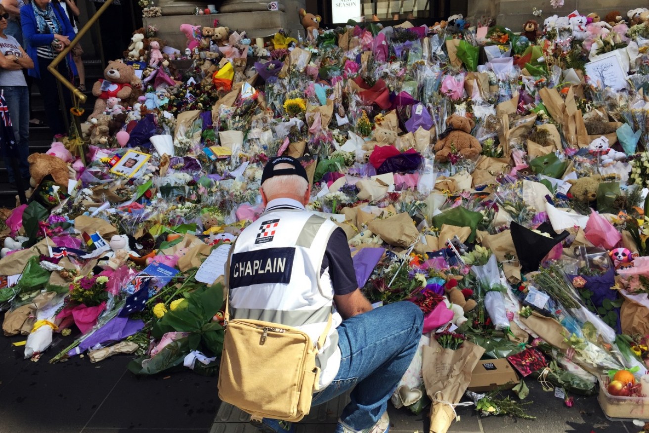 The memorial that was established in Bourke Street following the car rampage tragedy.
