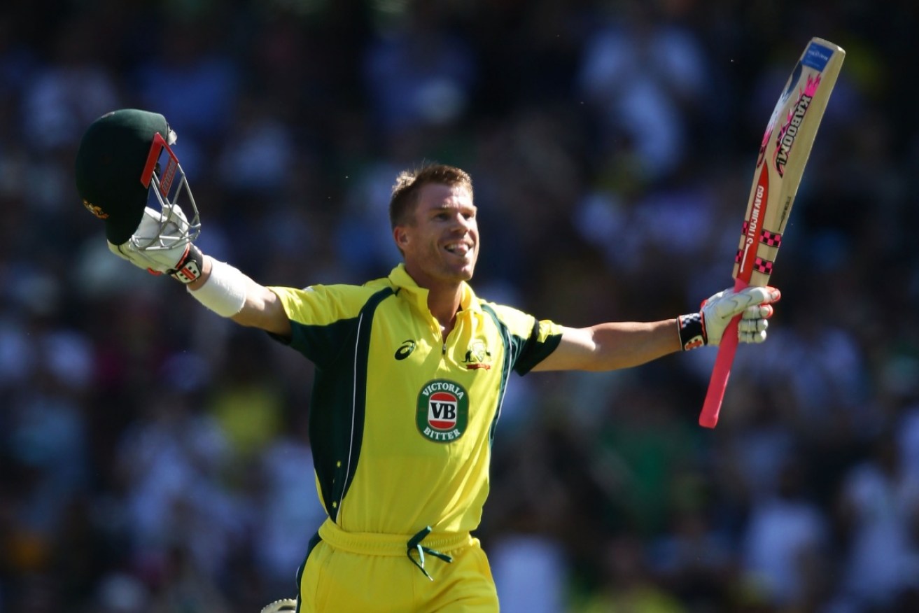 David Warner celebrates after scoring another century in the fourth ODI against Pakistan.