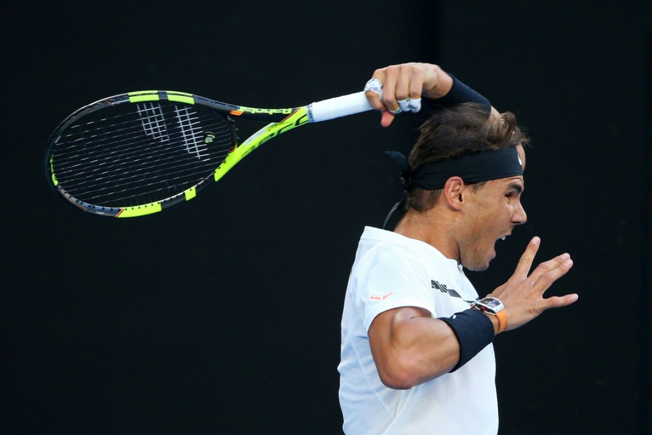 Rafael Nadal unleashes a forehand in the semi-final against Gregor Dimitrov.