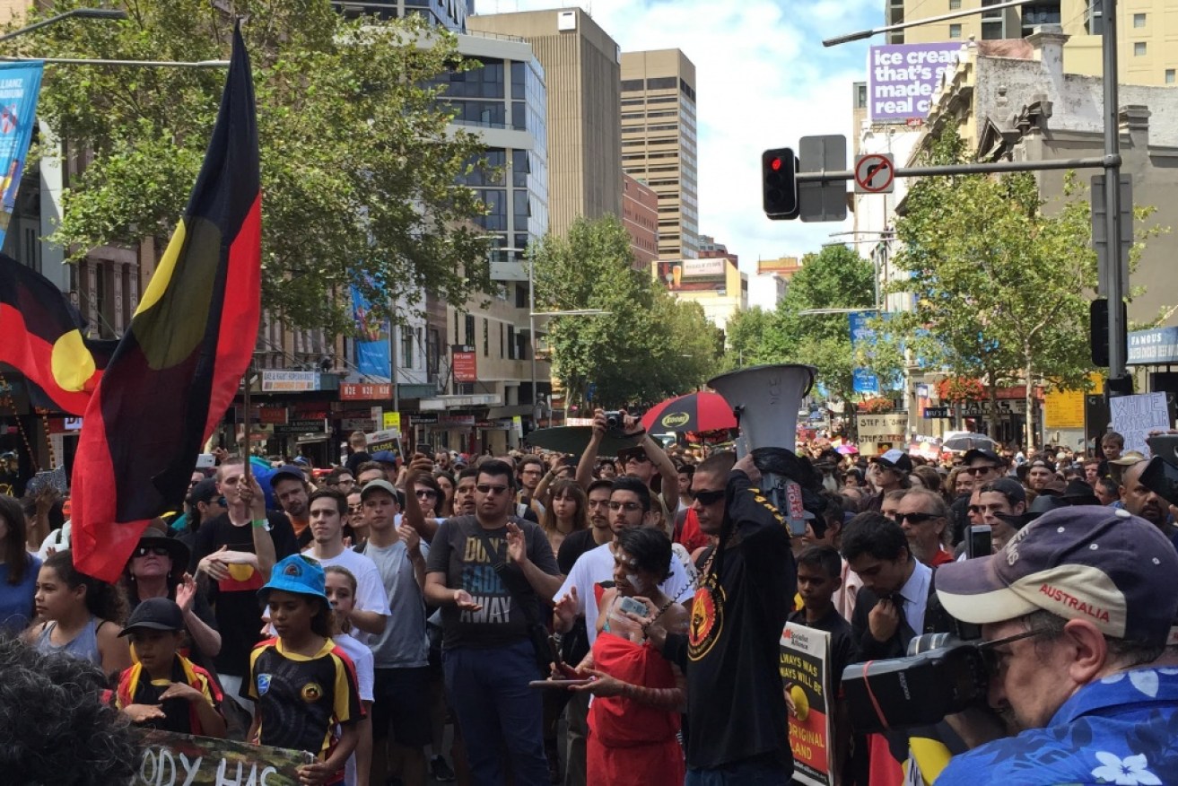 Protesters at Sydney's 2016 Invasion Day marched from Redfern to the city. 