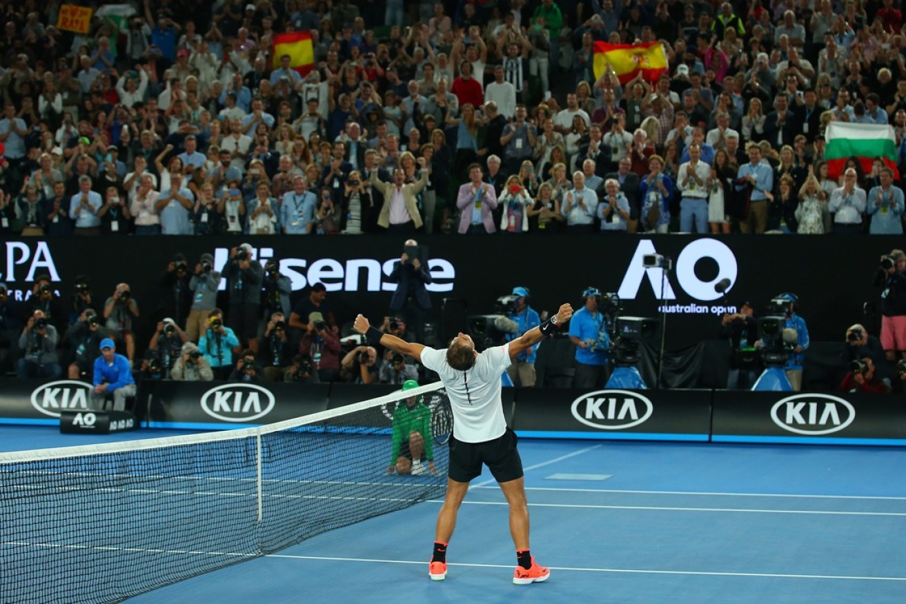 Nadal celebrates his exciting victory.