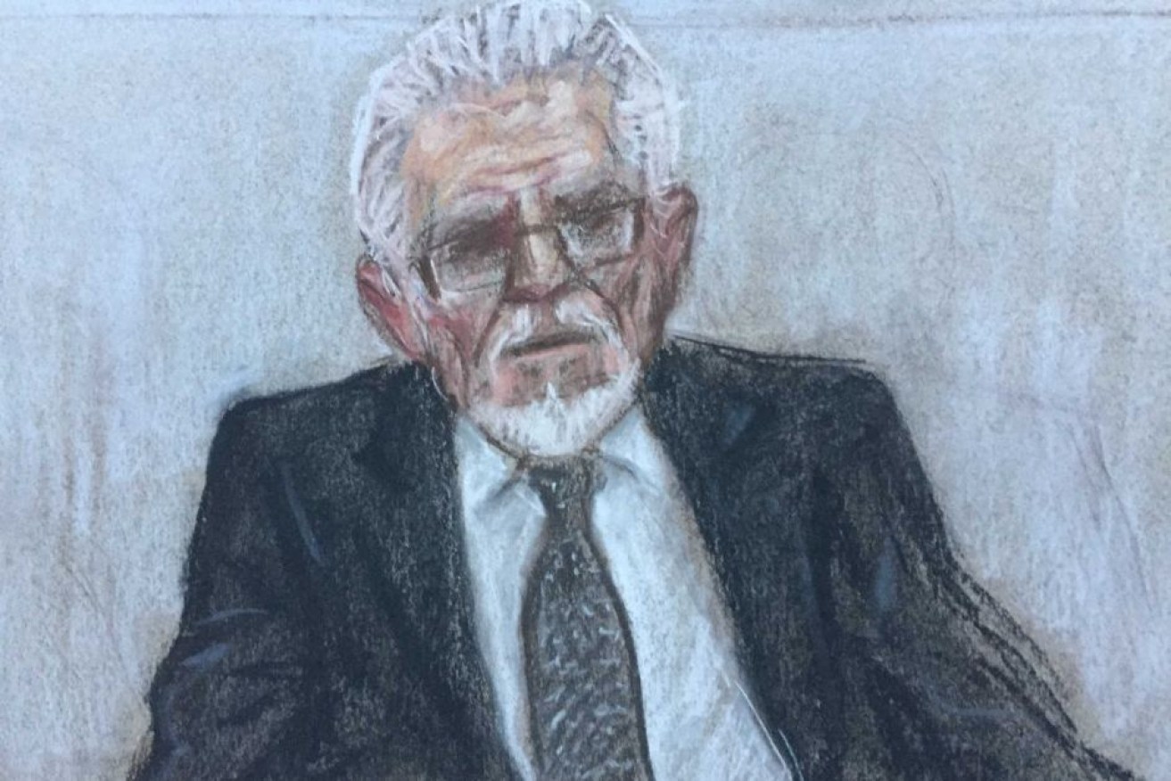 A court sketch of Rolf Harris from the hearing into seven sexual assault allegations. 