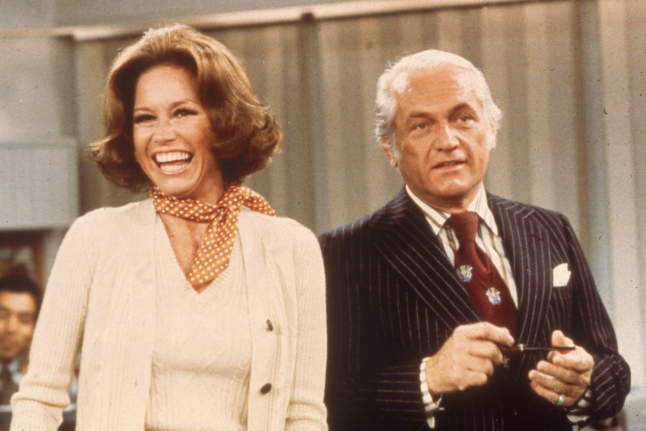 American actors Mary Tyler Moore and Ted Knight on the set of the long-running <i>The Mary Tyler Moore Show</i> in 1976.