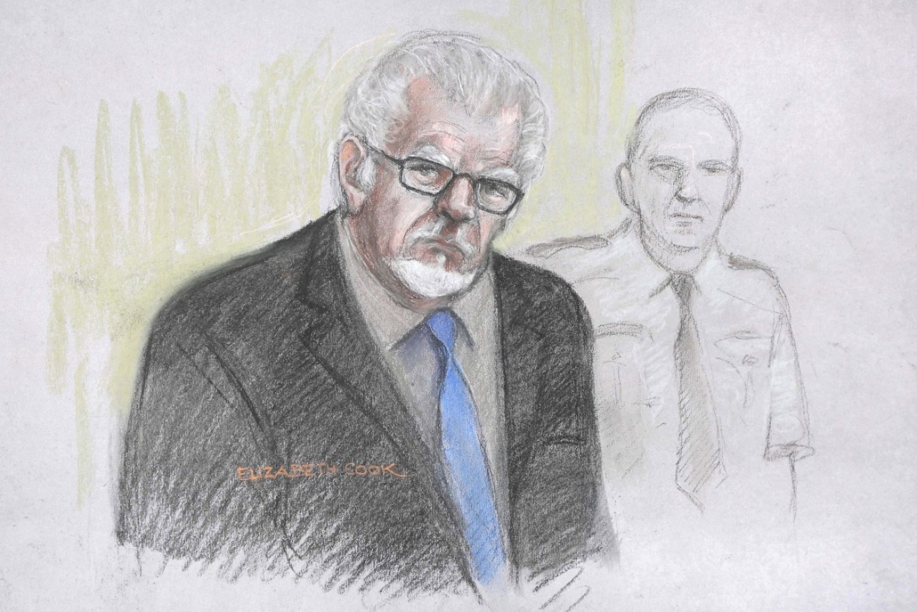 A court artist sketch by Elizabeth Cook of Rolf Harris as he is found not guilty of three indecent assaults.