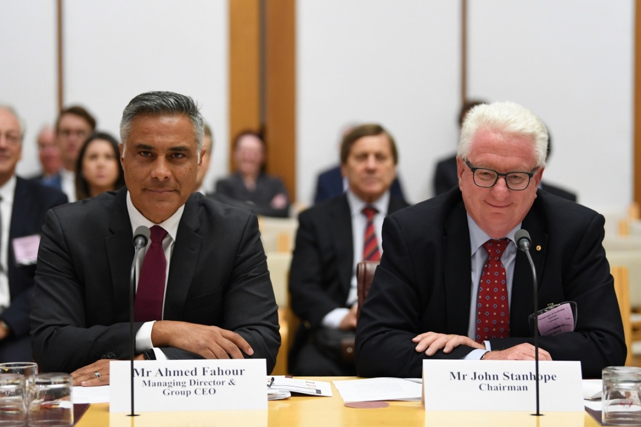 Outgoing Australia Post CEO Ahmed Fahour and chairman John Stanhope during Senate Estimates.