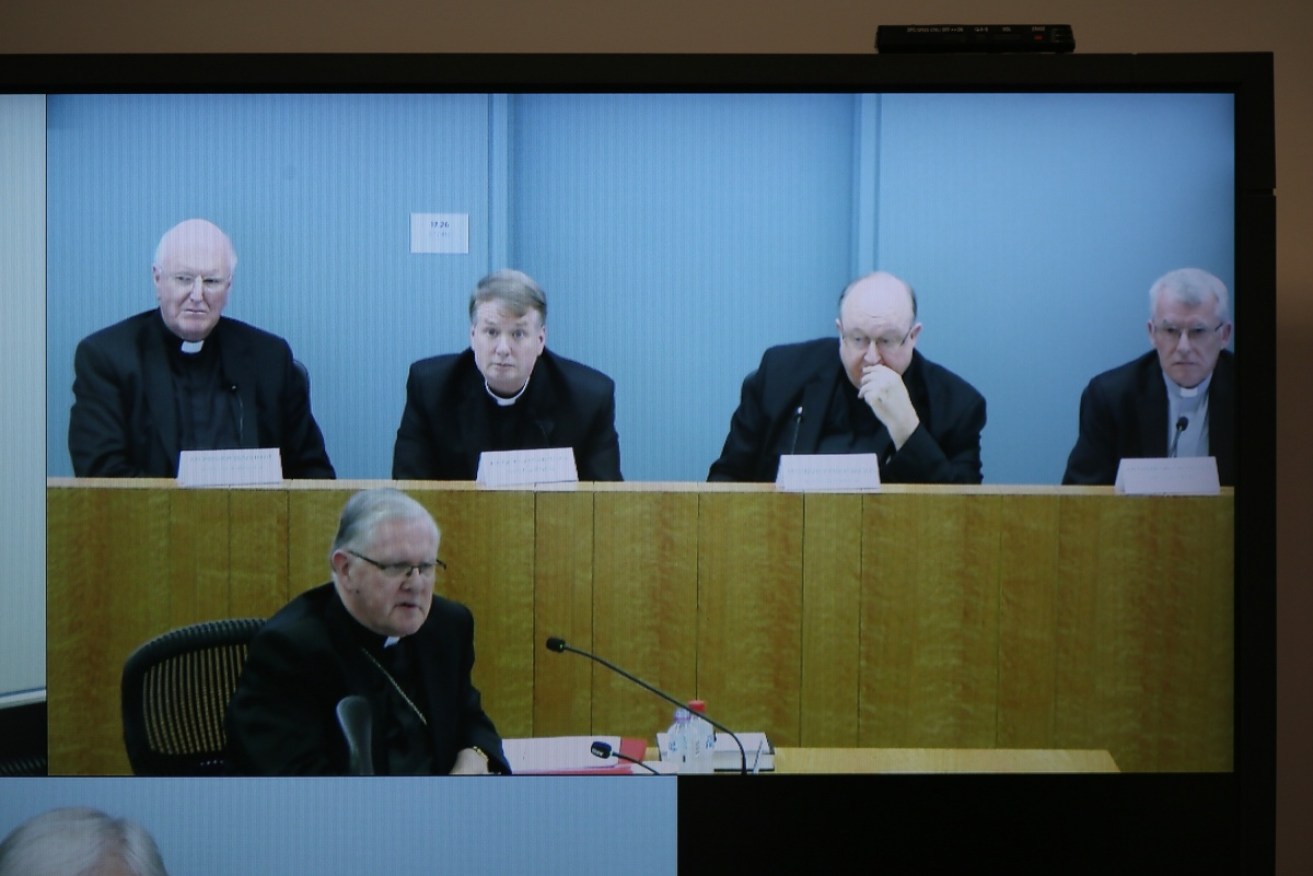 A television screen photograph of the Australian Archbishops attending the Royal Commission Child Sex Abuse in Sydney