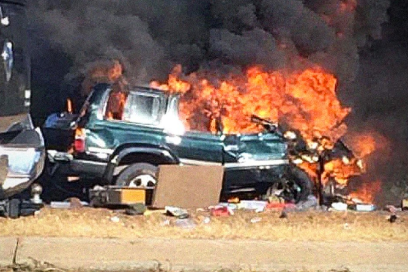 The driver of the Landcruiser was thrown from the car before it burst into flames
