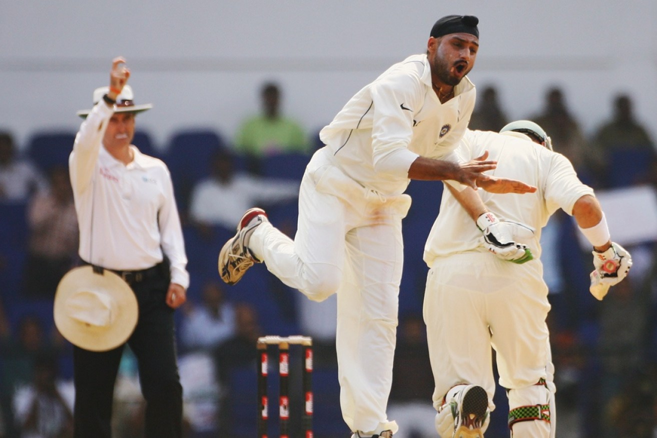 Harbhajan Singh celebrates a Test wicket against Australia.