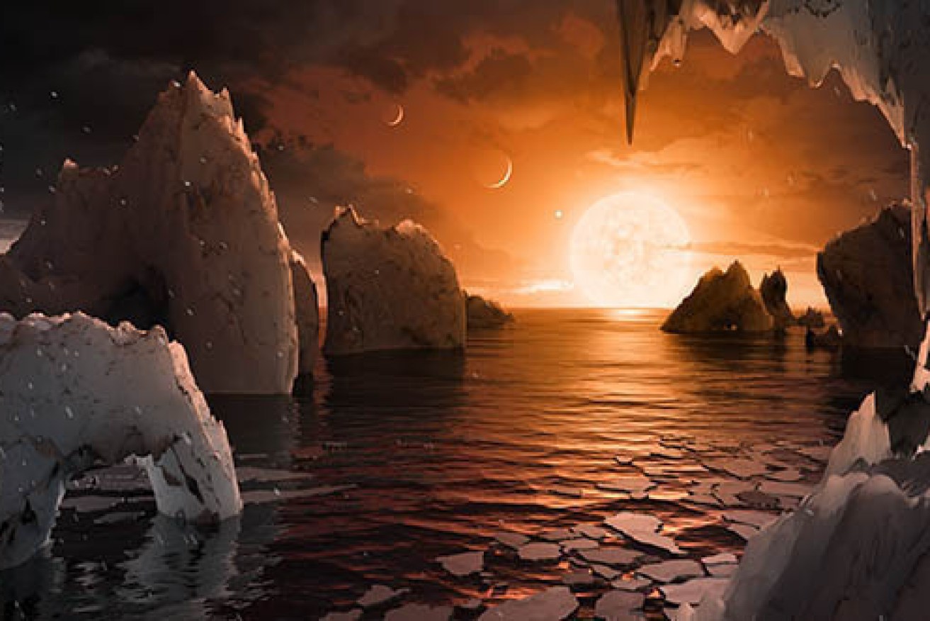 An artist's concept of what it would be like to stand on the surface of the exoplanet TRAPPIST-1f. 