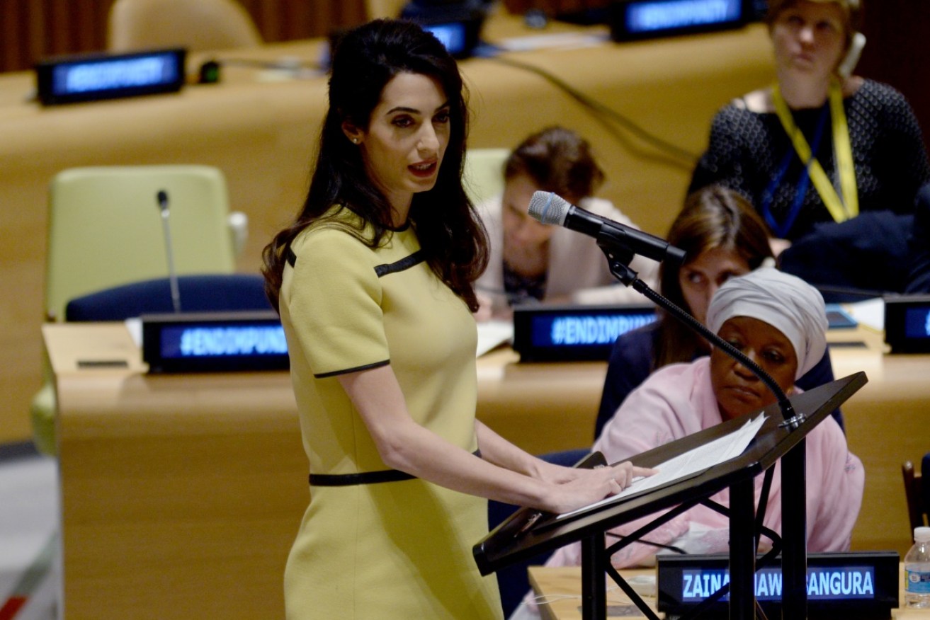 Amal Clooney delivers remarks during an event titled The Fight at United Nations headquarters in New York,