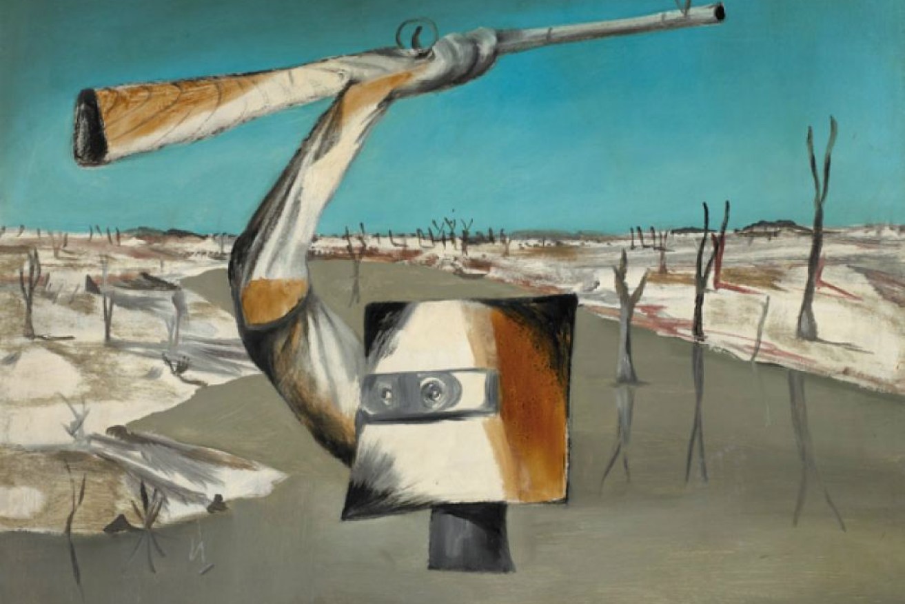 Crossing, depicting Ned Kelly, by Sidney Nolan. Displayed for the centenary of Nolan's birth in 2017.