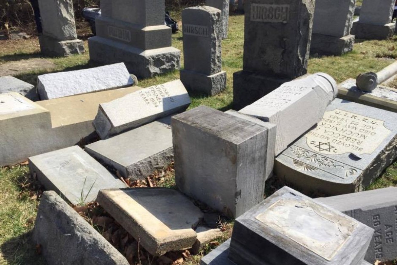 Desecrated tombstones at Philadelphia's Mount Carmel Jewish cemetery.