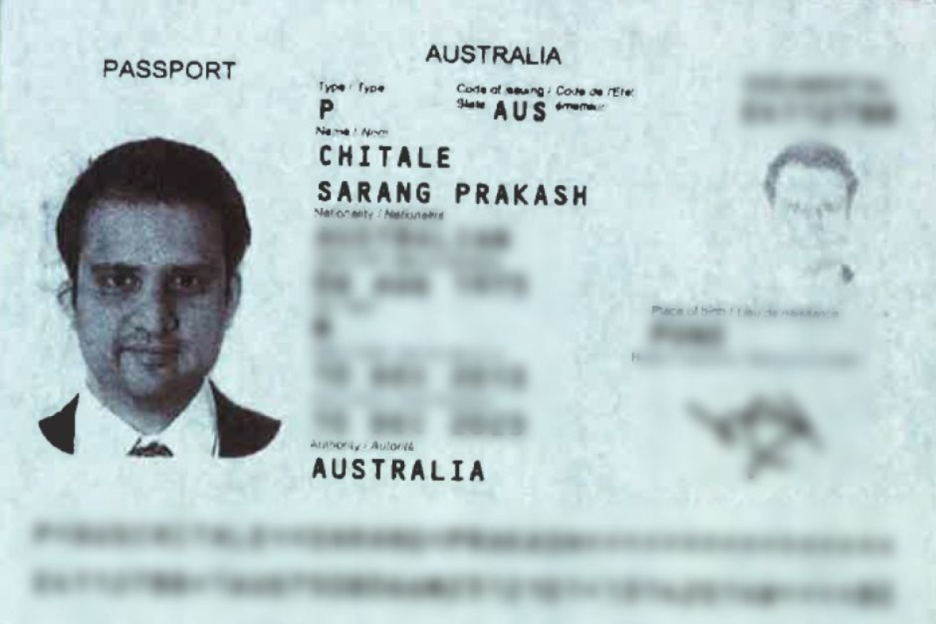 A passport which shows Shyam Acharya but uses Sarang Chitale's details.