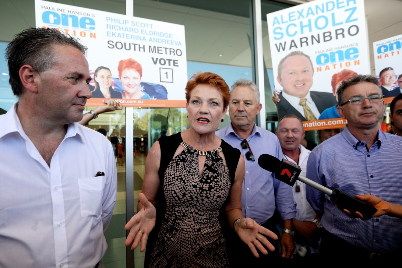 Pauline Hanson speaks to the media alongside party candidates and WA leader Colin Tincknell in Rockingham.
