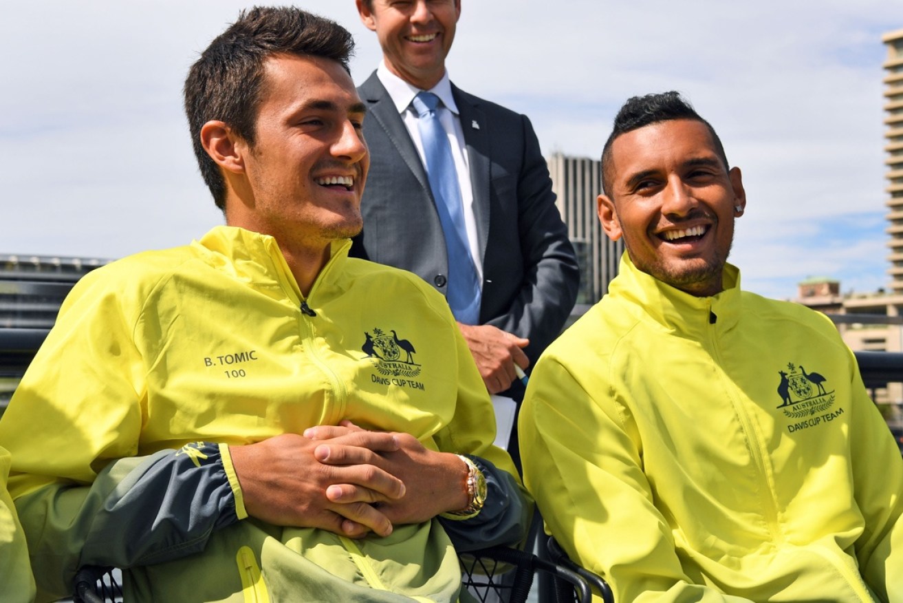 Tomic and Kyrgios share a laugh.