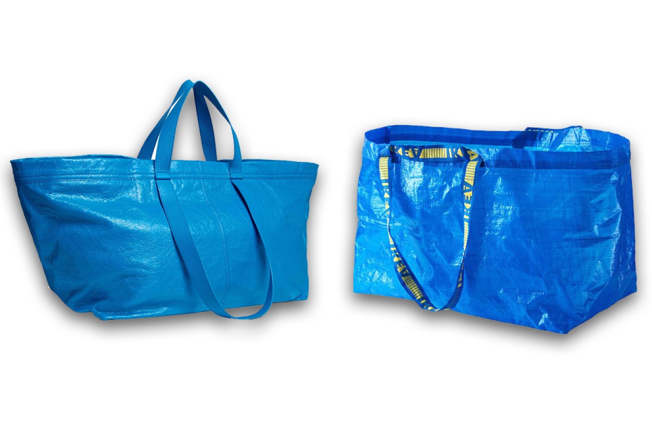 The Balenciaga Carry Shopper (left) is $2609 more expensive than the nearly identical Ikea Frakta bag (right).