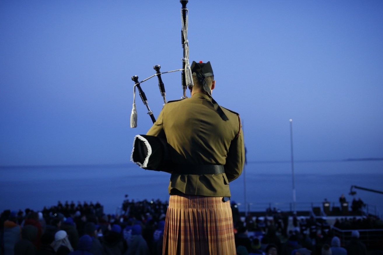 A bagpiper performs during the Dawn Service ceremony at Anzac Cove in Turkey.