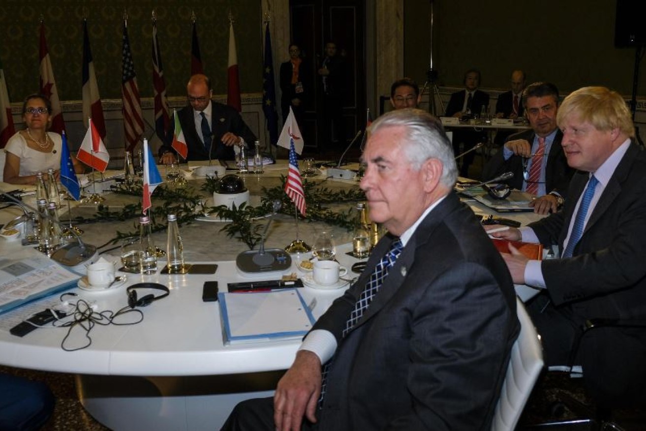US Secretary of State Rex Tillerson in Italy with British Foreign Secretary Boris Johnson (right) and other foreign leaders.