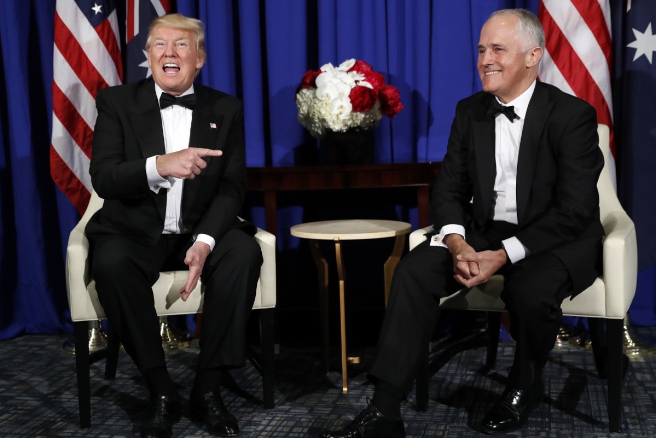 US President Trump meets Prime Minister Malcolm Turnbull aboard the USS Intrepid. Photo: Twitter/Sky News