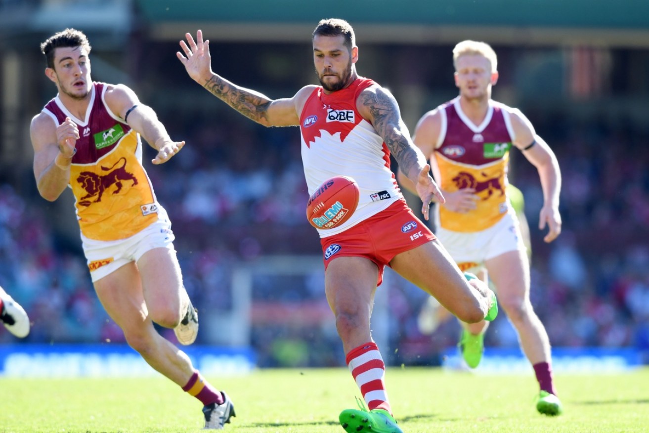 A dominant Lance Franklin lets another left foot bomb fly.