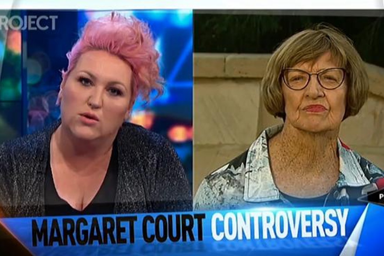 Margaret court was grilled about her stance on gay marriage by host Meshel Laurie (left).