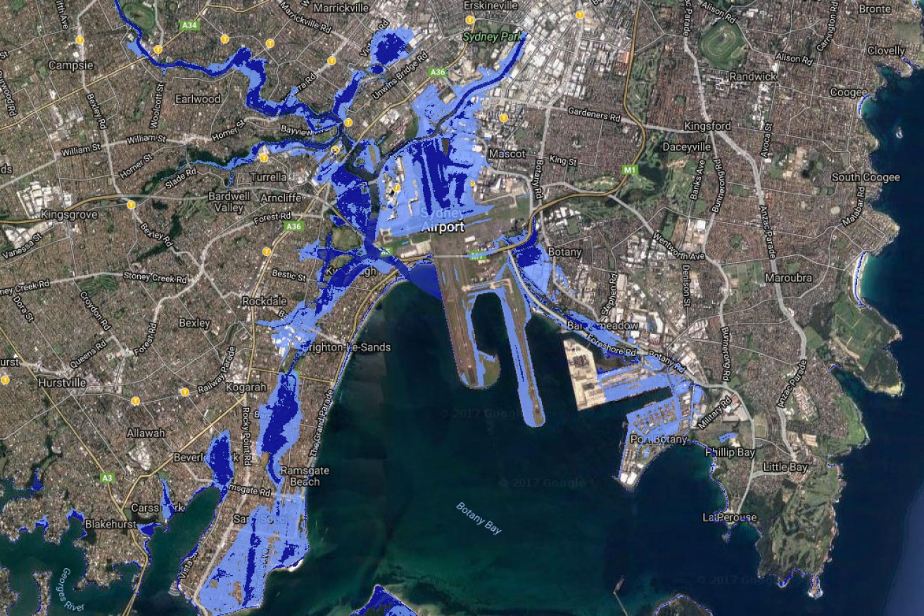 The prediction shows Sydney Airport, Sans Souci, Double Bay and suburbs along the Parramatta River underwater in a matter of decades.
