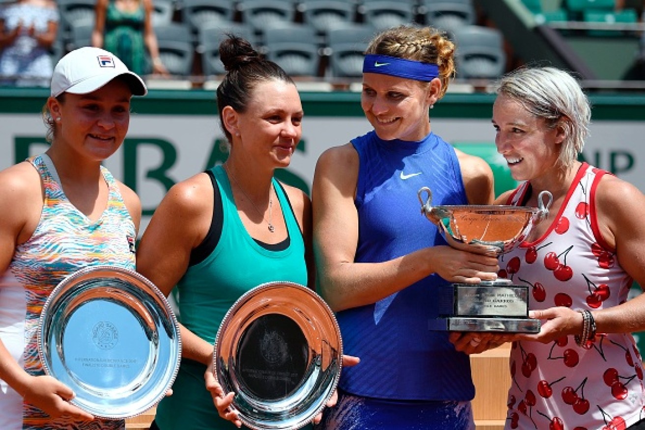 Ash Barty (L) and Casey Dellacqua with French Open winners Bethanie Mattek-Sands (R) and Lucie Safarova.   