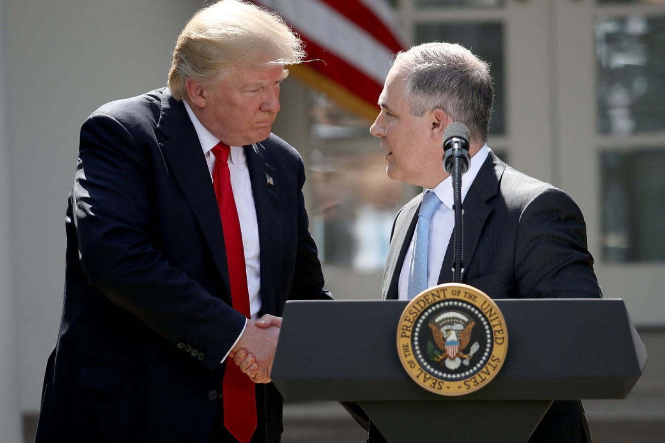 Donald Trump with EPA administrator Scott Pruitt after announcing the US would pull out of the Paris climate agreement.