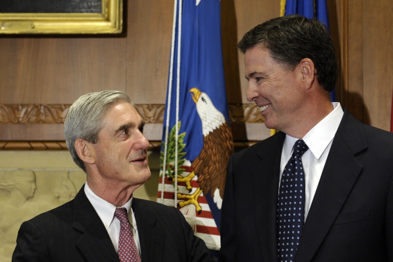 Outgoing FBI director Robert Mueller at the September 2013 swearing in of then incoming FBI director James Comey. Photo: AAP 