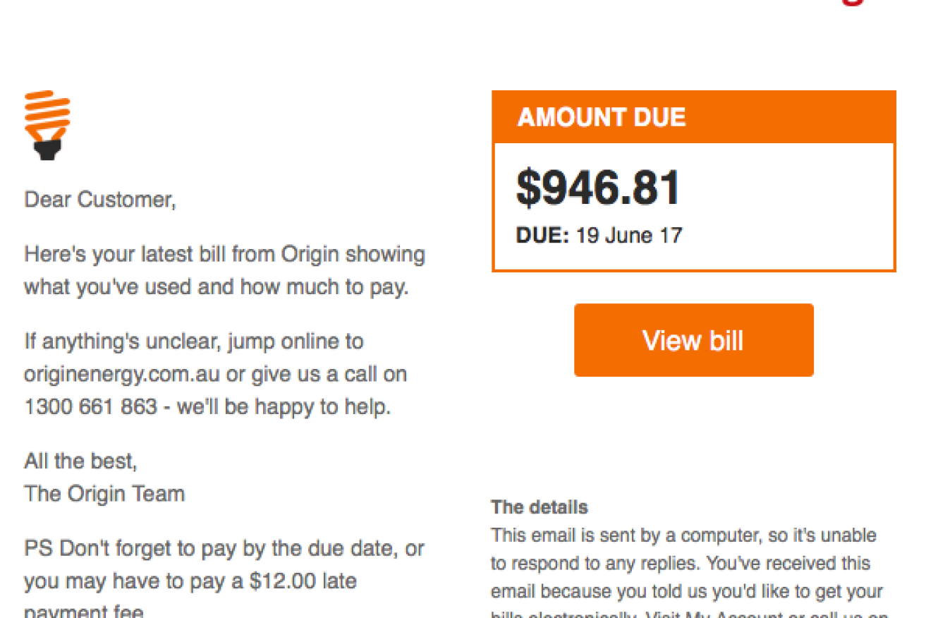A scam email purporting to be an Origin energy bill