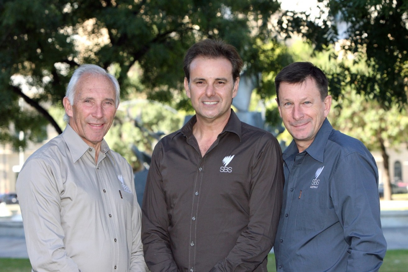 Phil Liggett (L) and Paul Sherwen (R) with SBS sports broadcaster Mike Tomalaris.