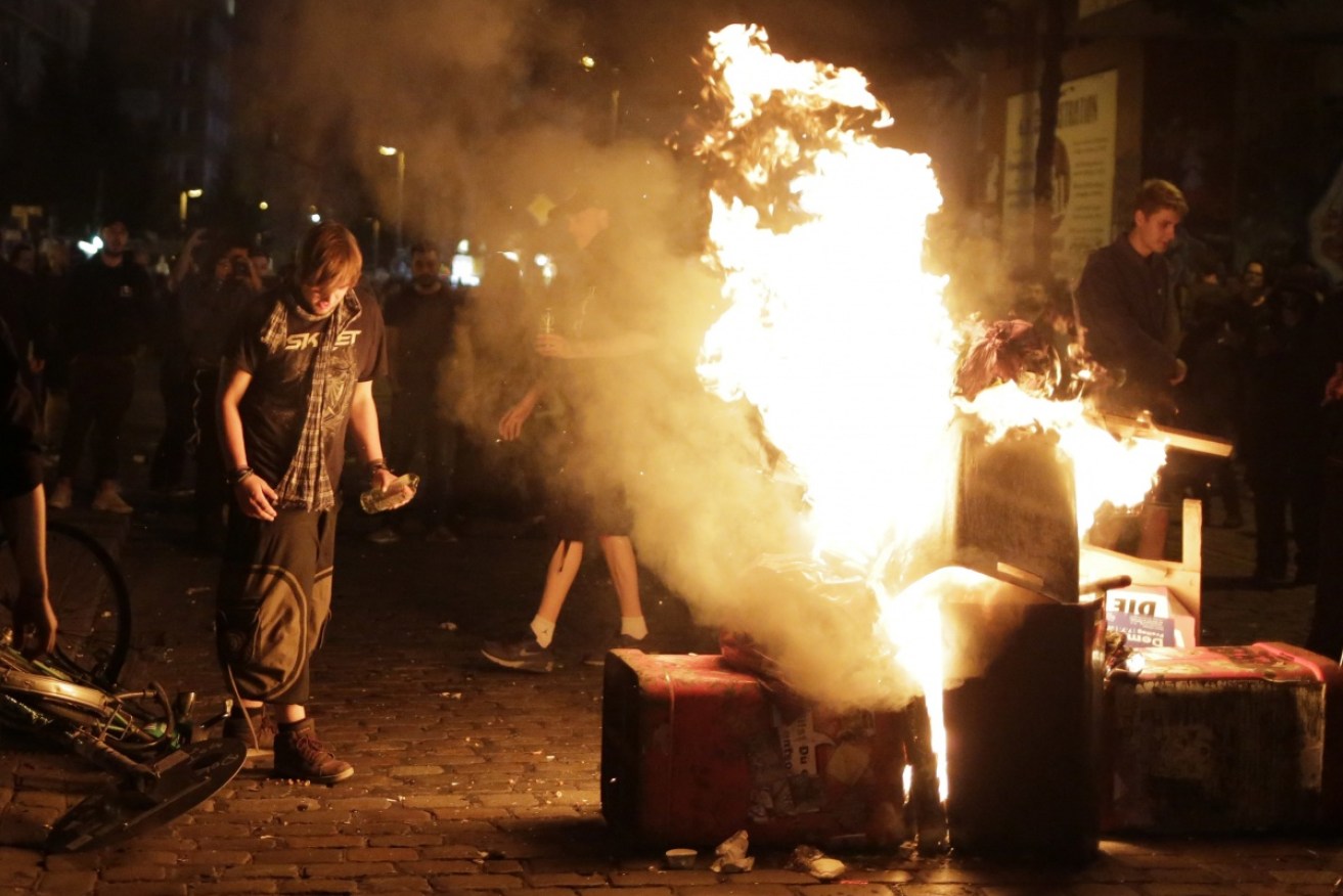 Protestors burn a barricade during a protest against the G20 summit in Hamburg.