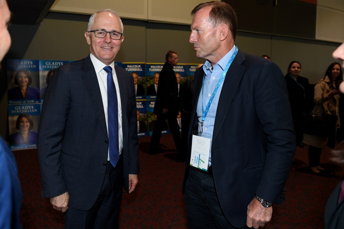 Malcolm Turnbull and Tony Abbott speak during the NSW Liberal Party Futures convention in Sydney on Saturday. 