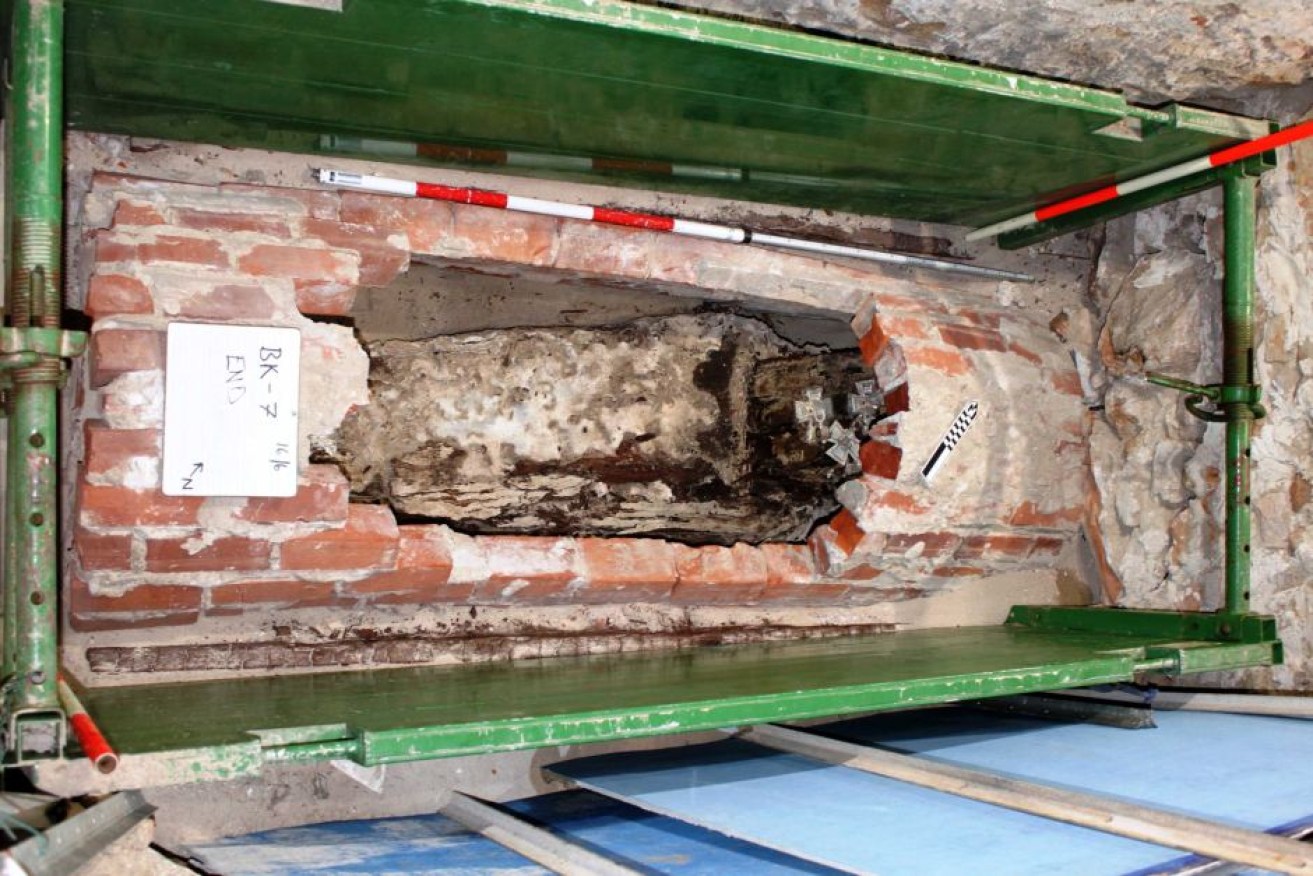 Bishop William Bernard Kelly's coffin in situ within the brick barrel vault.