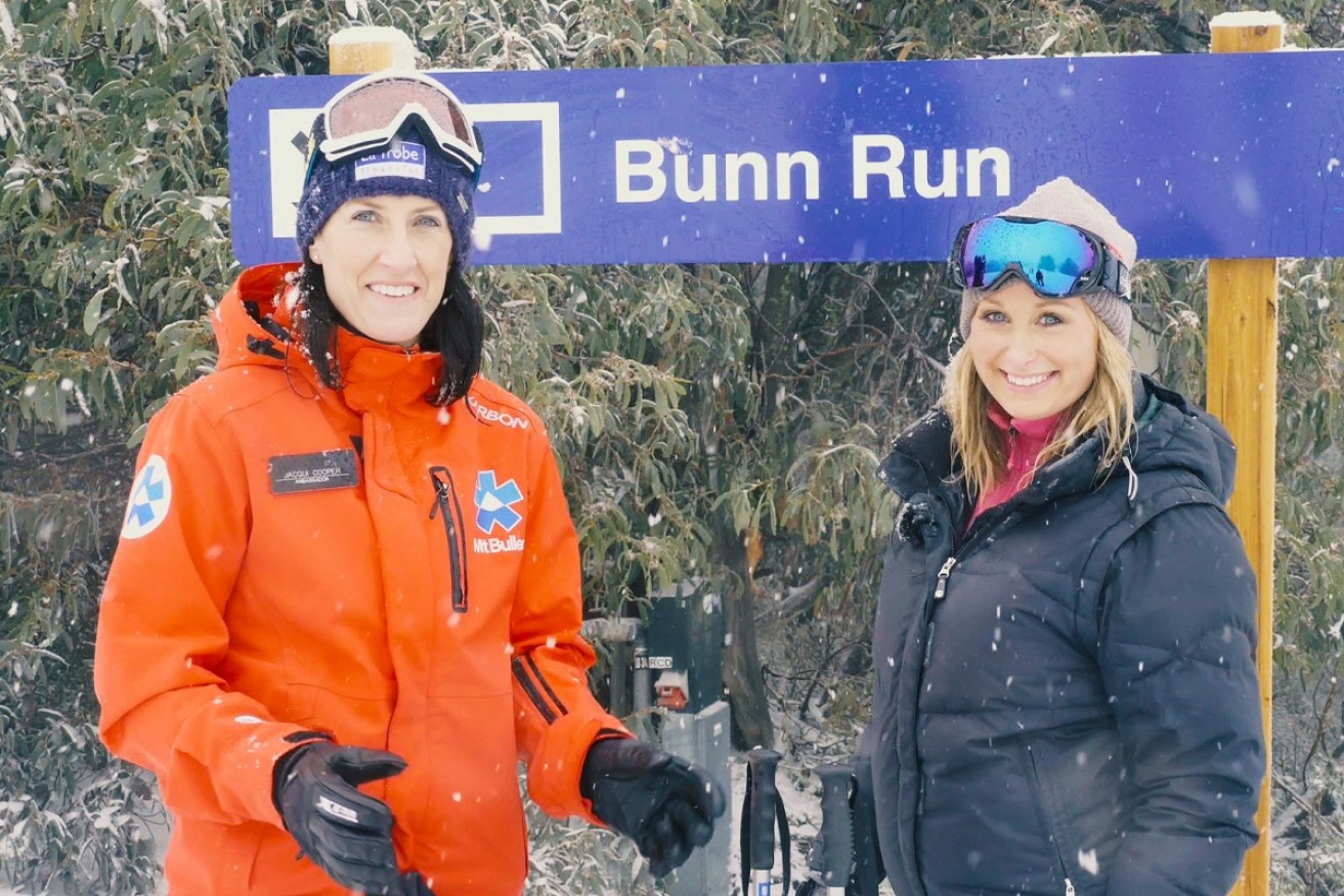 Channel 7 weather presenter Jane Bunn opened ‘Bunn Run’ at Mount Buller with Olympic aerial ski champion Jacqui Cooper.