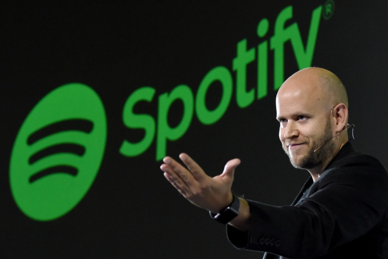 Spotify CEO Daniel Ek gestures during a press conference in Tokyo.