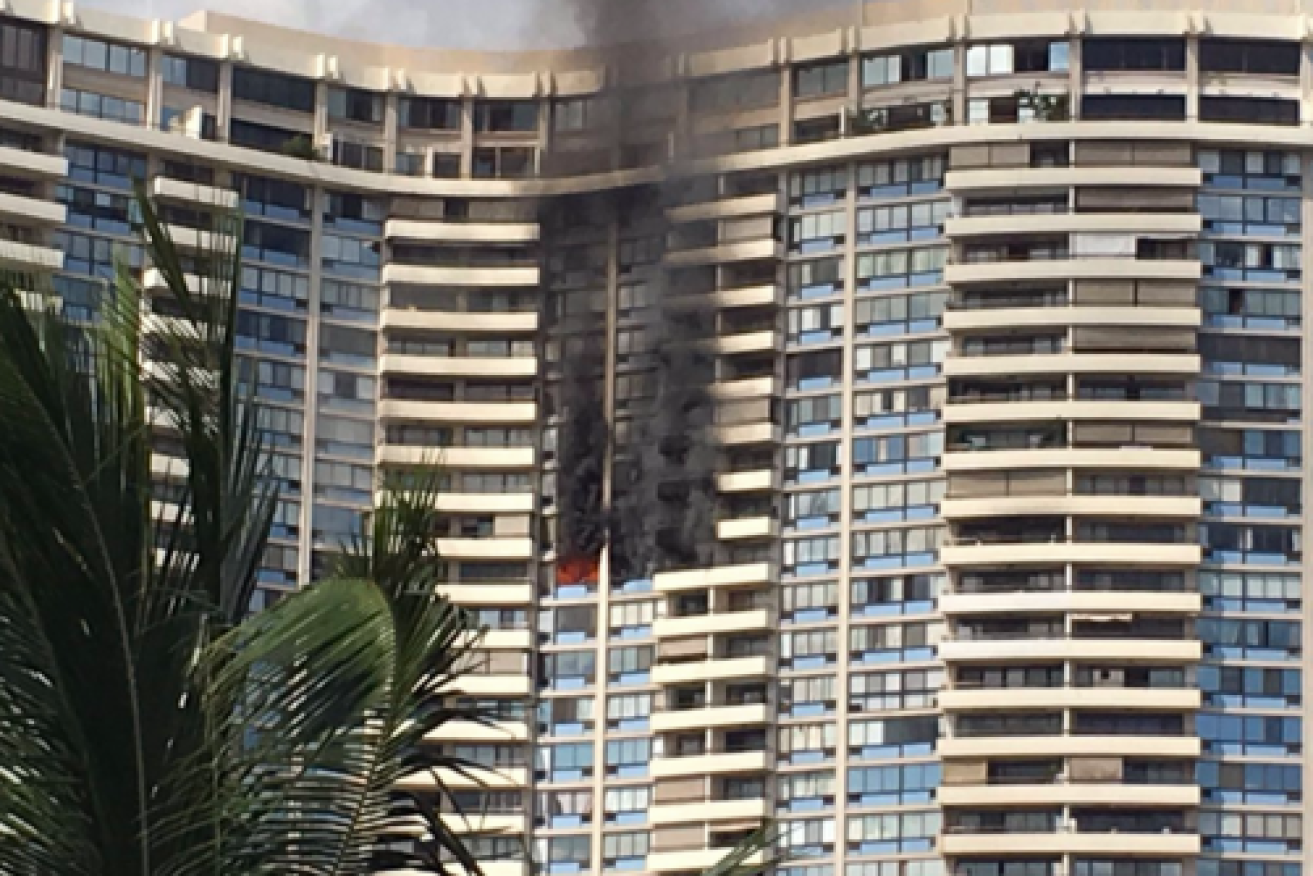 The fire reportedly broke out on the top floors of the Marco Polo condominium, which was not fitted with fire sprinklers. Photo: Twitter