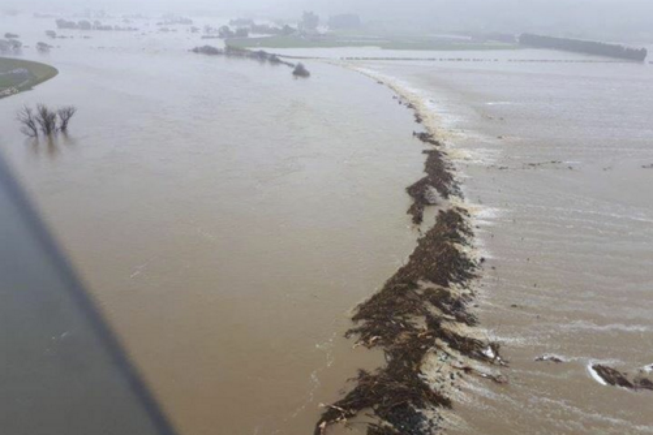 Dairy farmers were severely hit as floodwaters stretched across the fertile Taieri Plane southwest of Dunedin. Photo: Twitter.