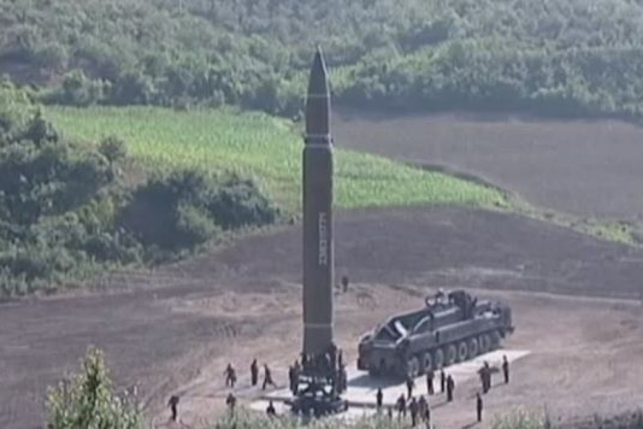A North Korean missile stands ready to launch.