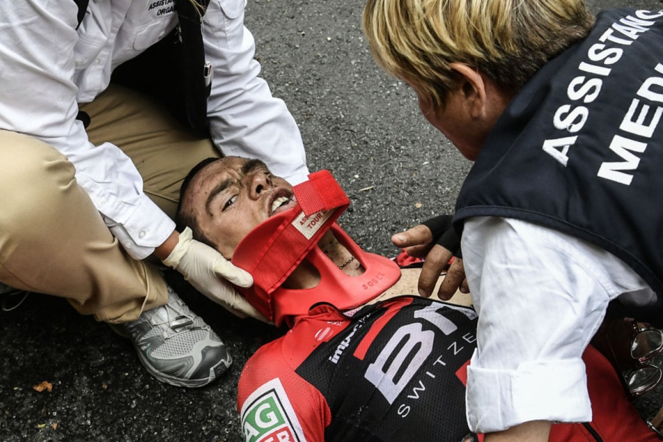 Richie Porte receives medical assistance after his high-speed fall. Photo: Getty