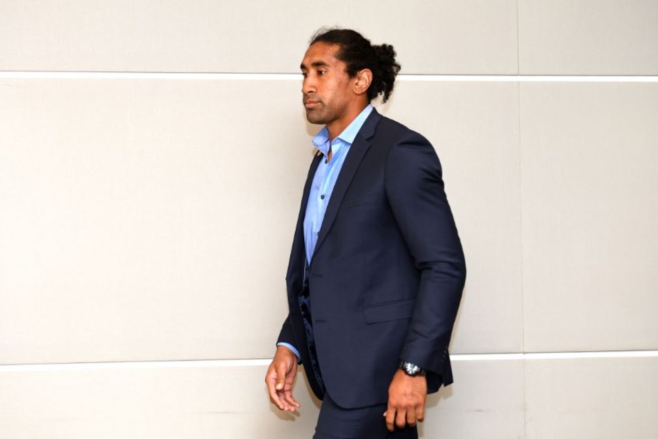 Sia Soliola arrives at the judiciary hearing to admit his guilt and accept his five-week suspension.