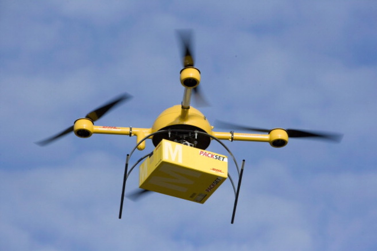 A delivery drone in flight.