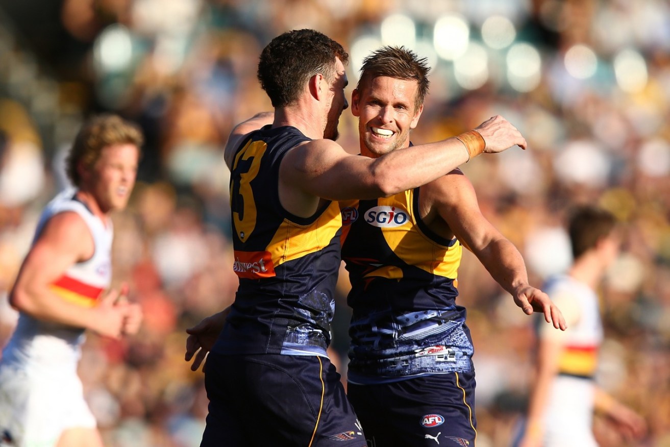 Eagles Mark LeCras (R) celebrates a goal with Luke Shuey in the win over the Adelaide Crows. 
