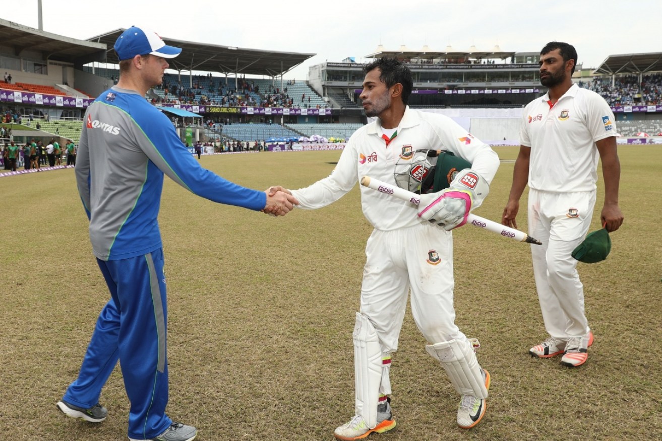 Australia skipper Steve Smith and Mushfiqur Rahim of Bangladesh shake hands after Bangladesh defeated Australia. 