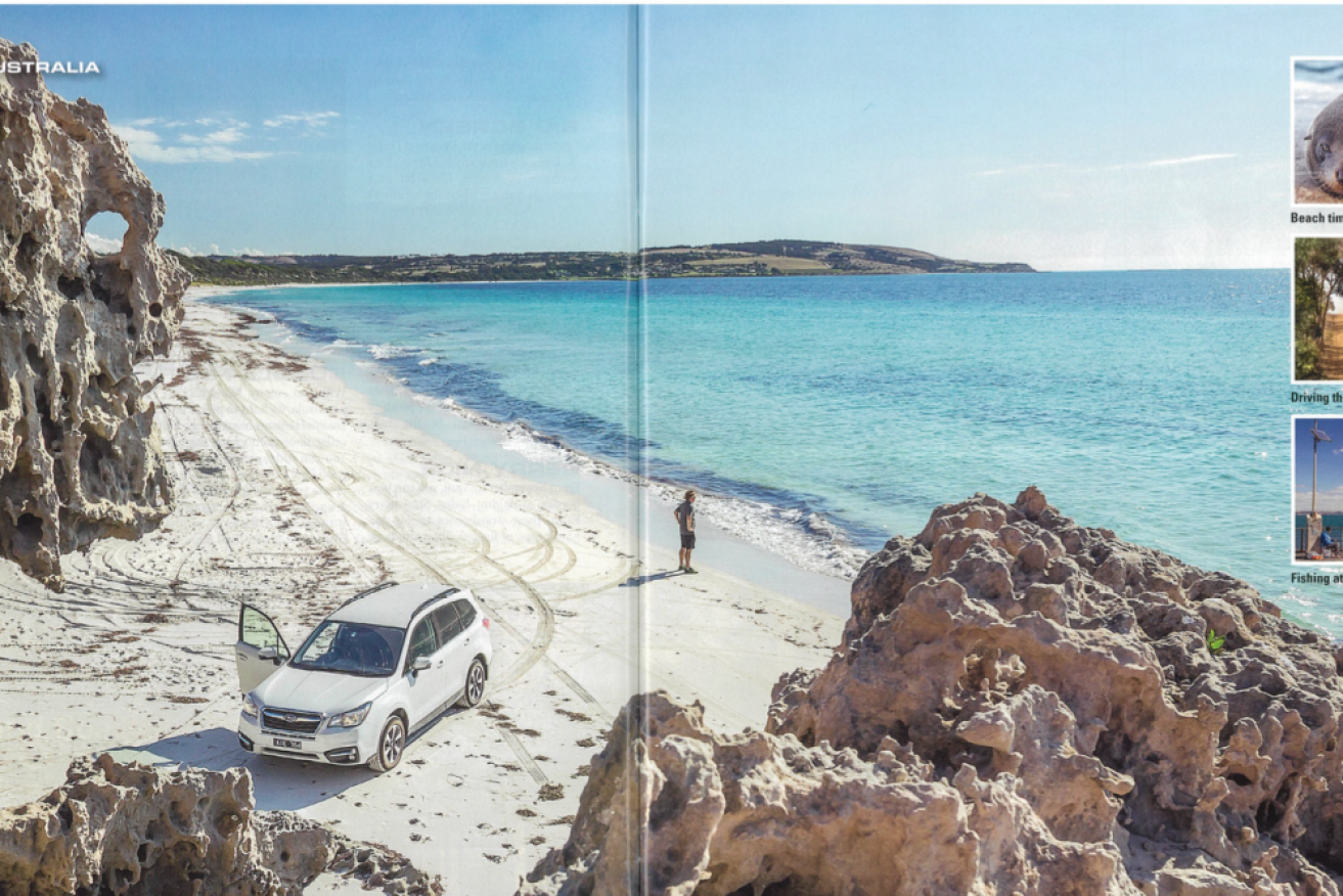 <i>RoyalAuto</i> ran a photo of a car parked on Emu Bay beach, and referenced driving along Snellings Beach on Kangaroo Island.