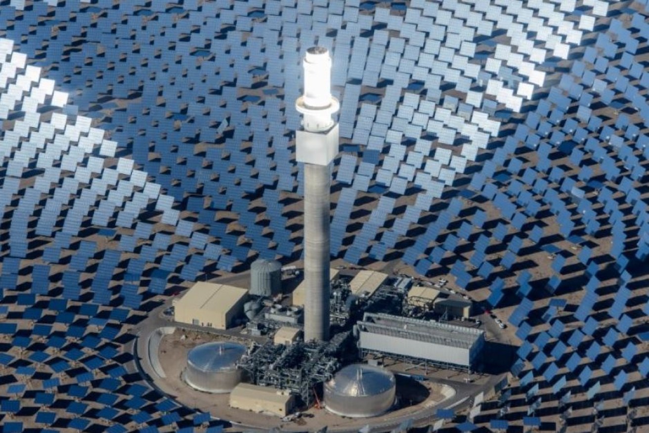 Solar thermal uses heliostats, or mirrors, to concentrate sunlight onto a tower that heats molten salt.